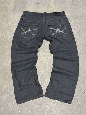 Sacred Crown Men's Dark Wash Baggy Denim Jeans with Embroidered Back Pockets
